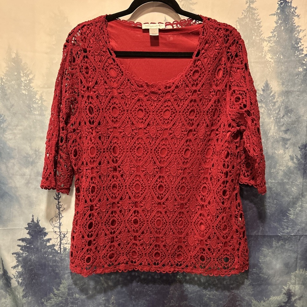CHRISTOPHER & BANKS Crochet Women's L Blouse Top Ecru‎ Floral Crochet